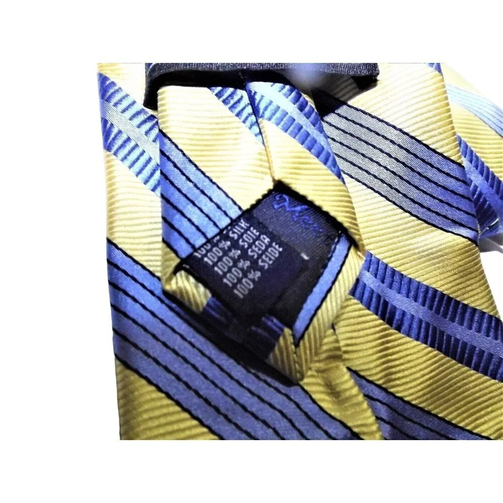 Meeting Street Men's Silk Tie Blue Yellow Striped Handmade 58 inches